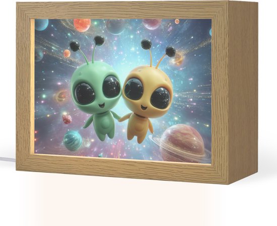 Nachtlampje 20x15 cm - Kinder lampje - Aliens - Ruimte - Planeten - Tafellamp kinderkamer - Slaapkamer lamp - Bedlamp kinderen - Kinderlampje stopcontact - Wandlamp babykamer - Nachtlampjes van Merkloos