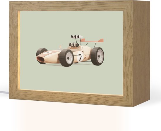 Nachtlampje 20x15 cm - Kinder lampje - Beige - Raceauto - Groen - Tafellamp kinderkamer - Slaapkamer lamp - Bedlamp kinderen - Kinderlampje stopcontact - Wandlamp babykamer - Nachtlampjes van Merkloos