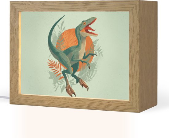 Nachtlampje 20x15 cm - Kinder lampje - Dino - Bladeren - Grafisch - Groen - Tafellamp kinderkamer - Slaapkamer lamp - Bedlamp kinderen - Kinderlampje stopcontact - Wandlamp babykamer - Nachtlampjes van Merkloos