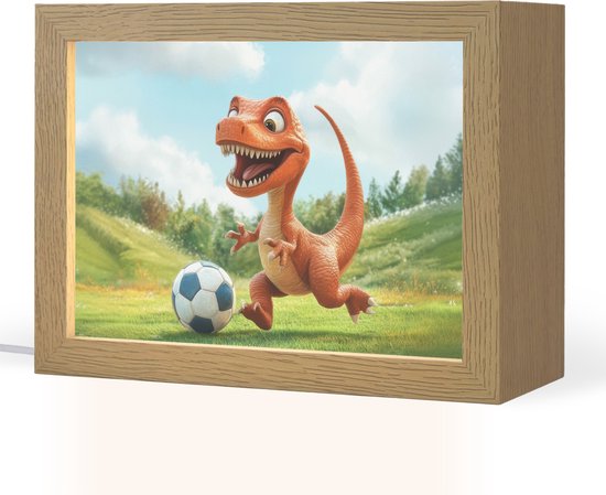 Nachtlampje 20x15 cm - Kinder lampje - Dinosaurus - Oranje - Cartoon - Voetbal - Tafellamp kinderkamer - Slaapkamer lamp - Bedlamp kinderen - Kinderlampje stopcontact - Wandlamp babykamer - Nachtlampjes van Merkloos