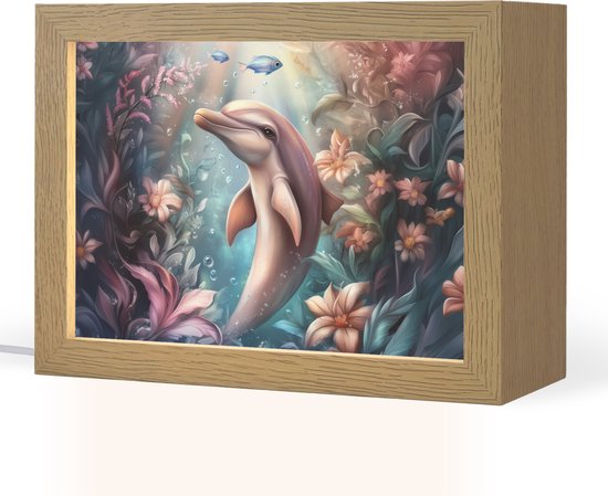 Nachtlampje 20x15 cm - Kinder lampje - Dolfijn - Vissen - Onderwaterwereld - Bloemen - Tafellamp kinderkamer - Slaapkamer lamp - Bedlamp kinderen - Kinderlampje stopcontact - Wandlamp babykamer - Nachtlampjes