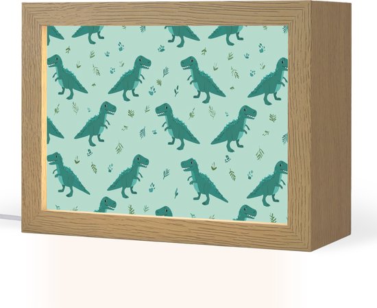 Nachtlampje 20x15 cm - Kinder lampje - Donkergroen - Dinosaurussen - Afdrukken - Bladeren - Tafellamp kinderkamer - Slaapkamer lamp - Bedlamp kinderen - Kinderlampje stopcontact - Wandlamp babykamer - Nachtlampjes van Merkloos