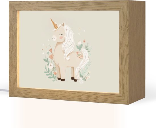 Nachtlampje 20x15 cm - Kinder lampje - Eenhoorn - Bloemen - Beige - Tafellamp kinderkamer - Slaapkamer lamp - Bedlamp kinderen - Kinderlampje stopcontact - Wandlamp babykamer - Nachtlampjes van Little Lamp Company