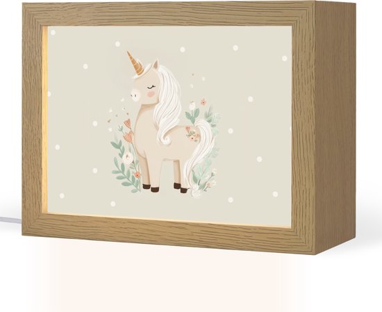 Nachtlampje 20x15 cm - Kinder lampje - Eenhoorn - Bloemen - Stippen - Tafellamp kinderkamer - Slaapkamer lamp - Bedlamp kinderen - Kinderlampje stopcontact - Wandlamp babykamer - Nachtlampjes