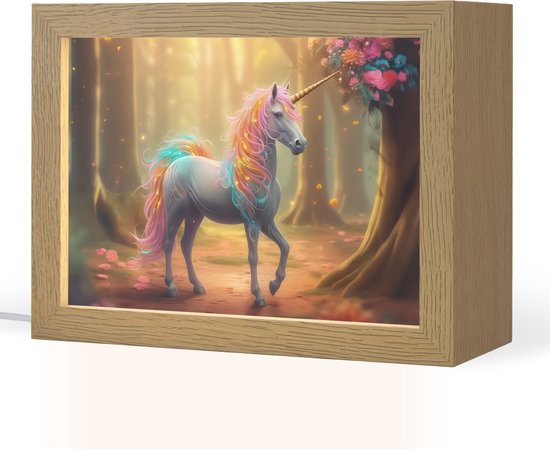 Nachtlampje 20x15 cm - Kinder lampje - Eenhoorn - Bos - Kleurrijk - Bloemen - Meiden - Tafellamp kinderkamer - Slaapkamer lamp - Bedlamp kinderen - Kinderlampje stopcontact - Wandlamp babykamer - Nachtlampjes van Merkloos