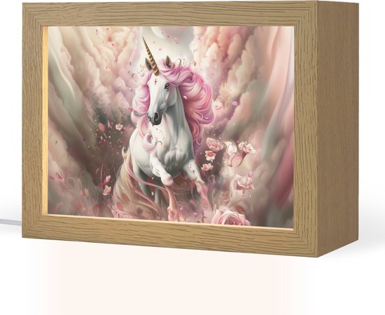 Nachtlampje 20x15 cm - Kinder lampje - Eenhoorn - Meisje - Roze - Bloemen - Sprookje - Tafellamp kinderkamer - Slaapkamer lamp - Bedlamp kinderen - Kinderlampje stopcontact - Wandlamp babykamer - Nachtlampjes van Merkloos