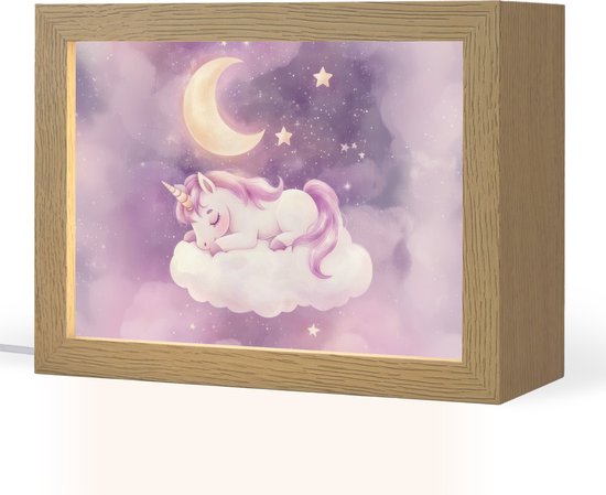 Nachtlampje 20x15 cm - Kinder lampje - Eenhoorn - Paars - Sterrenhemel - Maan - Tafellamp kinderkamer - Slaapkamer lamp - Bedlamp kinderen - Kinderlampje stopcontact - Wandlamp babykamer - Nachtlampjes van Merkloos