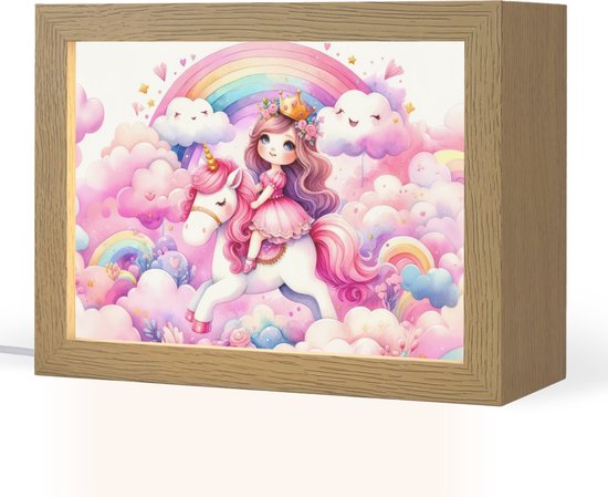 Nachtlampje 20x15 cm - Kinder lampje - Eenhoorn - Prinses - Unicorn - Roze - Regenboog - Tafellamp kinderkamer - Slaapkamer lamp - Bedlamp kinderen - Kinderlampje stopcontact - Wandlamp babykamer - Nachtlampjes van Merkloos