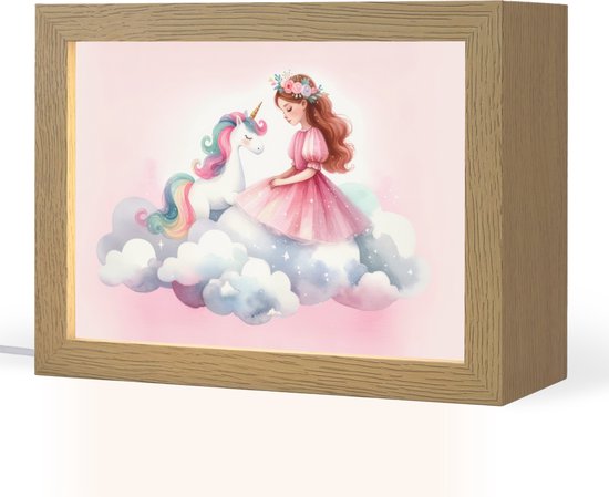 Nachtlampje 20x15 cm - Kinder lampje - Eenhoorn - Prinses - Unicorn - Roze - Wolken - Tafellamp kinderkamer - Slaapkamer lamp - Bedlamp kinderen - Kinderlampje stopcontact - Wandlamp babykamer - Nachtlampjes van Merkloos