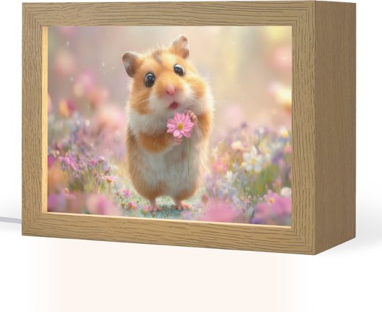 Nachtlampje 20x15 cm - Kinder lampje - Hamster - Bloemen - Roze - Oranje - Tafellamp kinderkamer - Slaapkamer lamp - Bedlamp kinderen - Kinderlampje stopcontact - Wandlamp babykamer - Nachtlampjes van Merkloos