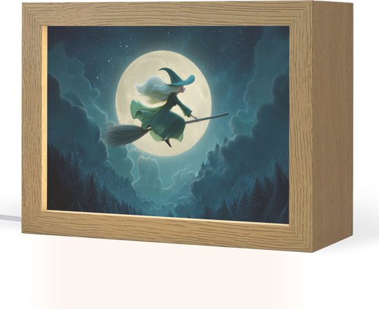 Nachtlampje 20x15 cm - Kinder lampje - Heks - Maand - Bos - Magisch - Tafellamp kinderkamer - Slaapkamer lamp - Bedlamp kinderen - Kinderlampje stopcontact - Wandlamp babykamer - Nachtlampjes van Apollon.