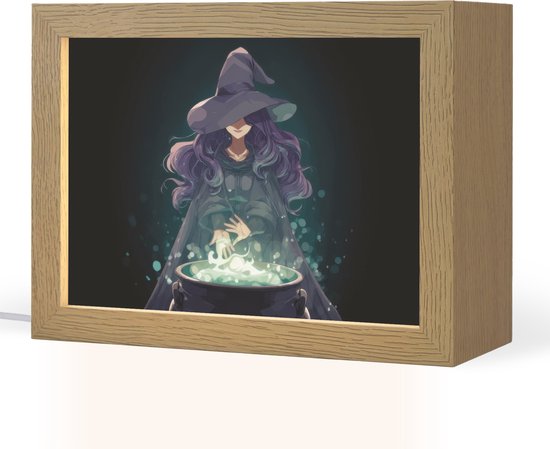 Nachtlampje 20x15 cm - Kinder lampje - Heks - Magie - Heksenketel - Paars - Tafellamp kinderkamer - Slaapkamer lamp - Bedlamp kinderen - Kinderlampje stopcontact - Wandlamp babykamer - Nachtlampjes van Merkloos