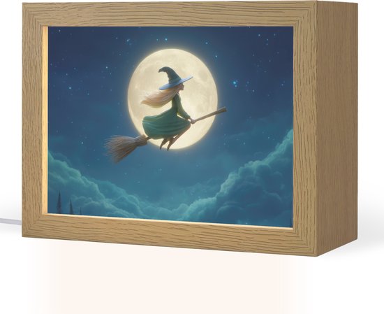 Nachtlampje 20x15 cm - Kinder lampje - Heks - Volle maan - Sterrenhemel - Tafellamp kinderkamer - Slaapkamer lamp - Bedlamp kinderen - Kinderlampje stopcontact - Wandlamp babykamer - Nachtlampjes van Merkloos