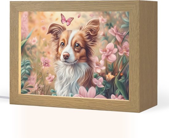 Nachtlampje 20x15 cm - Kinder lampje - Hond - Bloemen - Roze - Tafellamp kinderkamer - Slaapkamer lamp - Bedlamp kinderen - Kinderlampje stopcontact - Wandlamp babykamer - Nachtlampjes van Merkloos