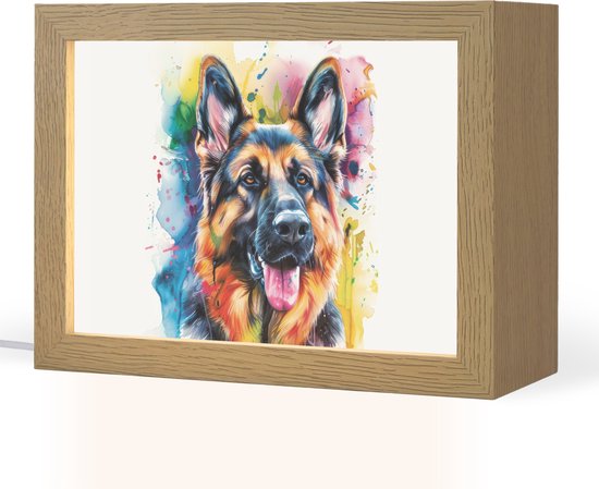 Nachtlampje 20x15 cm - Kinder lampje - Hond - Verf - Dieren - Kleurrijk - Duitse Herder - Tafellamp kinderkamer - Slaapkamer lamp - Bedlamp kinderen - Kinderlampje stopcontact - Wandlamp babykamer - Nachtlampjes van Merkloos