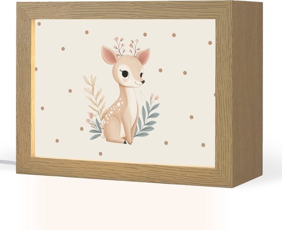 Nachtlampje 20x15 cm - Kinder lampje - Illustratie - Stippen - Hertje - Aquarel - Tafellamp kinderkamer - Slaapkamer lamp - Bedlamp kinderen - Kinderlampje stopcontact - Wandlamp babykamer - Nachtlampjes van Little & Pure