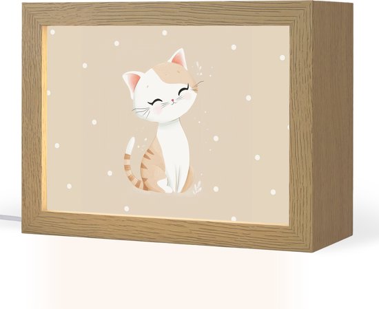 Nachtlampje 20x15 cm - Kinder lampje - Kat - Kitten - Beige - Stippen - Tafellamp kinderkamer - Slaapkamer lamp - Bedlamp kinderen - Kinderlampje stopcontact - Wandlamp babykamer - Nachtlampjes