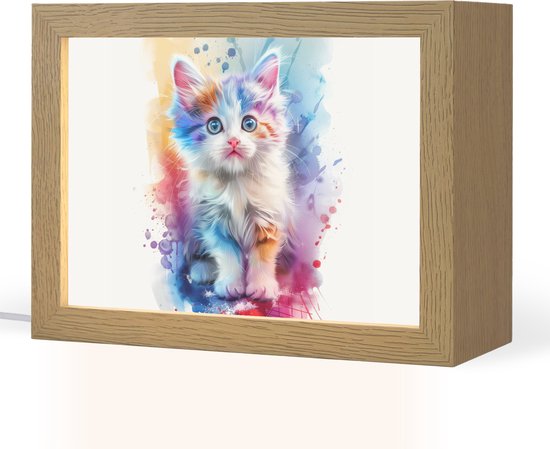 Nachtlampje 20x15 cm - Kinder lampje - Kat - Kleurrijk - Verf - Dier - Wit - Tafellamp kinderkamer - Slaapkamer lamp - Bedlamp kinderen - Kinderlampje stopcontact - Wandlamp babykamer - Nachtlampjes