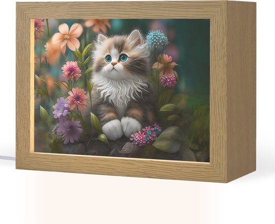 Nachtlampje 20x15 cm - Kinder lampje - Kitten - Illustratie - Bloemen - Natuur - Kat - Tafellamp kinderkamer - Slaapkamer lamp - Bedlamp kinderen - Kinderlampje stopcontact - Wandlamp babykamer - Nachtlampjes