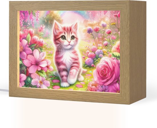 Nachtlampje 20x15 cm - Kinder lampje - Kitten - Roze - Kat - Regenboog - Bloemen - Tafellamp kinderkamer - Slaapkamer lamp - Bedlamp kinderen - Kinderlampje stopcontact - Wandlamp babykamer - Nachtlampjes van OnlyWow