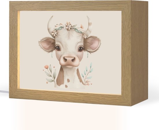 Nachtlampje 20x15 cm - Kinder lampje - Koe - Bohemian - Kalfje - Bloemen - Tafellamp kinderkamer - Slaapkamer lamp - Bedlamp kinderen - Kinderlampje stopcontact - Wandlamp babykamer - Nachtlampjes