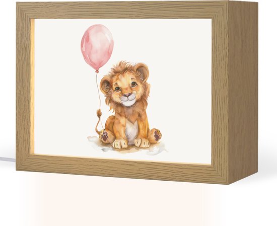Nachtlampje 20x15 cm - Kinder lampje - Leeuw - Baby dier - Dieren - Roze ballon - Tafellamp kinderkamer - Slaapkamer lamp - Bedlamp kinderen - Kinderlampje stopcontact - Wandlamp babykamer - Nachtlampjes