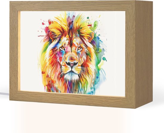 Nachtlampje 20x15 cm - Kinder lampje - Leeuw - Verf - Kleurrijk - Wit - Dier - Tafellamp kinderkamer - Slaapkamer lamp - Bedlamp kinderen - Kinderlampje stopcontact - Wandlamp babykamer - Nachtlampjes van Merkloos