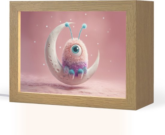 Nachtlampje 20x15 cm - Kinder lampje - Maan - Monster - Roze - Tafellamp kinderkamer - Slaapkamer lamp - Bedlamp kinderen - Kinderlampje stopcontact - Wandlamp babykamer - Nachtlampjes van OnlyWow
