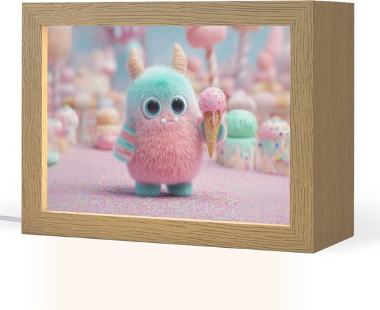 Nachtlampje 20x15 cm - Kinder lampje - Monster - Pastel - Roze - Snoep - Tafellamp kinderkamer - Slaapkamer lamp - Bedlamp kinderen - Kinderlampje stopcontact - Wandlamp babykamer - Nachtlampjes