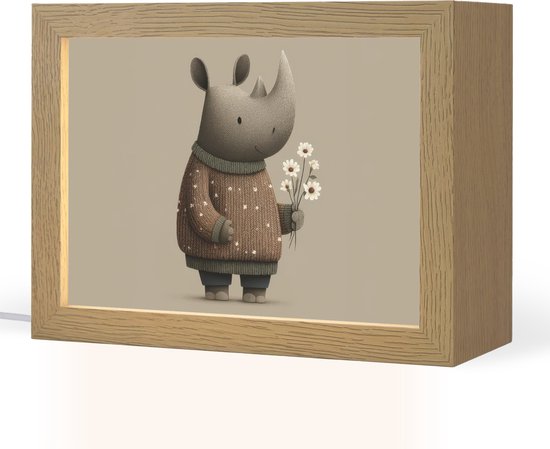 Nachtlampje 20x15 cm - Kinder lampje - Neushoorn - Witte bloemen - Lief - Tafellamp kinderkamer - Slaapkamer lamp - Bedlamp kinderen - Kinderlampje stopcontact - Wandlamp babykamer - Nachtlampjes van Merkloos