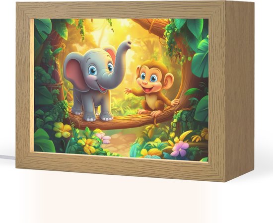 Nachtlampje 20x15 cm - Kinder lampje - Olifant - Appje - Jungle - Kleurrijk - Tafellamp kinderkamer - Slaapkamer lamp - Bedlamp kinderen - Kinderlampje stopcontact - Wandlamp babykamer - Nachtlampjes van Merkloos