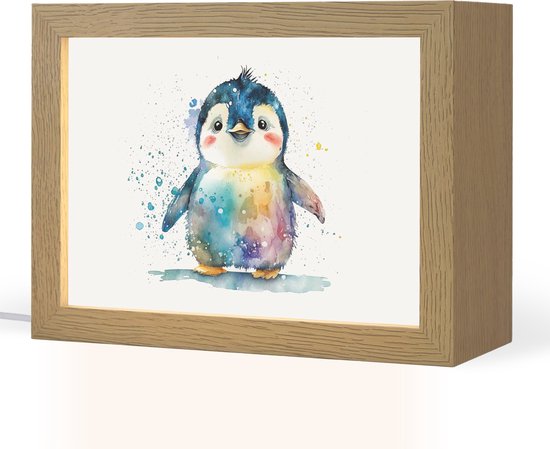 Nachtlampje 20x15 cm - Kinder lampje - Pinguïn - Regenboog - Waterverf - Dieren - Kinderen - Tafellamp kinderkamer - Slaapkamer lamp - Bedlamp kinderen - Kinderlampje stopcontact - Wandlamp babykamer - Nachtlampjes