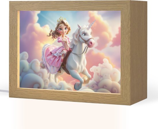 Nachtlampje 20x15 cm - Kinder lampje - Prinses - Eenhoorn - Meisje - Wolken - Tafellamp kinderkamer - Slaapkamer lamp - Bedlamp kinderen - Kinderlampje stopcontact - Wandlamp babykamer - Nachtlampjes van Merkloos