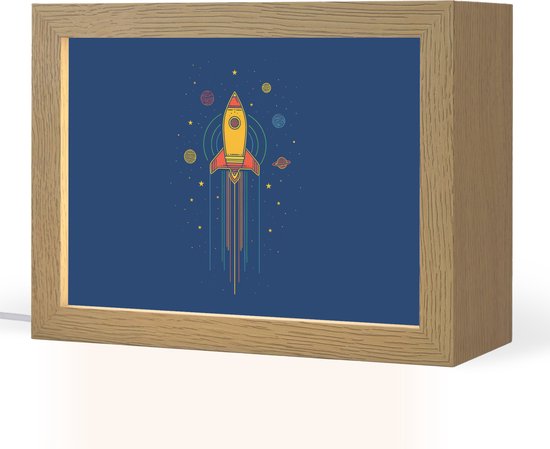 Nachtlampje 20x15 cm - Kinder lampje - Raket - Blauw - Sterren - Tafellamp kinderkamer - Slaapkamer lamp - Bedlamp kinderen - Kinderlampje stopcontact - Wandlamp babykamer - Nachtlampjes van OnlyWow
