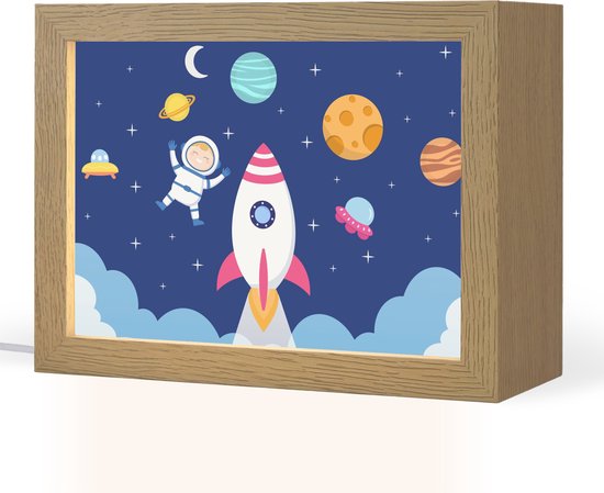 Nachtlampje 20x15 cm - Kinder lampje - Raket - Ruimte - Astronaut - Blauw - Jongens - Tafellamp kinderkamer - Slaapkamer lamp - Bedlamp kinderen - Kinderlampje stopcontact - Wandlamp babykamer - Nachtlampjes van Merkloos