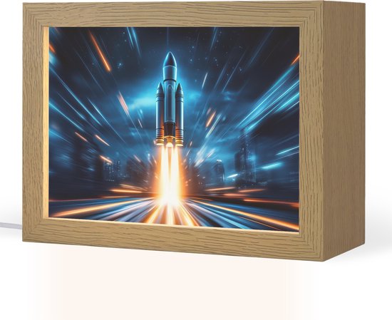 Nachtlampje 20x15 cm - Kinder lampje - Raket - Ruimte - Blauw - Licht - Tafellamp kinderkamer - Slaapkamer lamp - Bedlamp kinderen - Kinderlampje stopcontact - Wandlamp babykamer - Nachtlampjes van OnlyWow