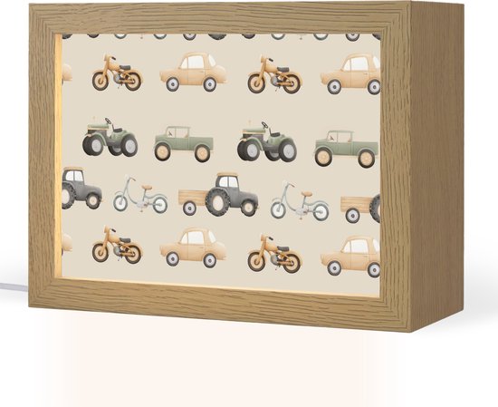 Nachtlampje 20x15 cm - Kinder lampje - Retro - voertuigen - patroon - Tafellamp kinderkamer - Slaapkamer lamp - Bedlamp kinderen - Kinderlampje stopcontact - Wandlamp babykamer - Nachtlampjes van Merkloos