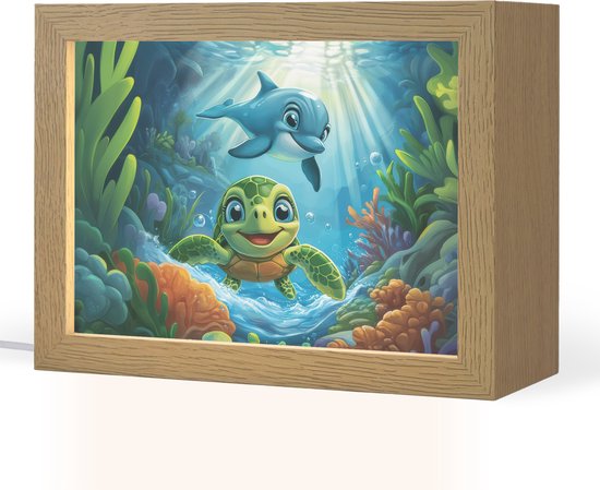 Nachtlampje 20x15 cm - Kinder lampje - Schildpad - Dolfijn - Oceaan - Tafellamp kinderkamer - Slaapkamer lamp - Bedlamp kinderen - Kinderlampje stopcontact - Wandlamp babykamer - Nachtlampjes van Merkloos