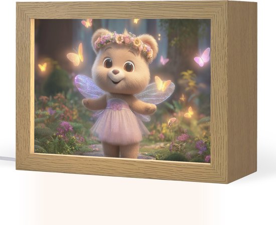 Nachtlampje 20x15 cm - Kinder lampje - Teddybeer - Bloemenkrans - Vlinders - Elfenvleugels - Tafellamp kinderkamer - Slaapkamer lamp - Bedlamp kinderen - Kinderlampje stopcontact - Wandlamp babykamer - Nachtlampjes van Merkloos