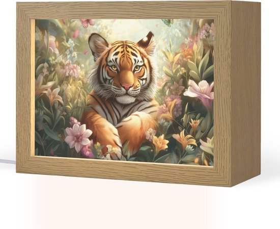 Nachtlampje 20x15 cm - Kinder lampje - Tijger - Bloemen - Jungle - Dieren - Tafellamp kinderkamer - Slaapkamer lamp - Bedlamp kinderen - Kinderlampje stopcontact - Wandlamp babykamer - Nachtlampjes