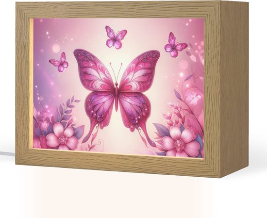 Nachtlampje 20x15 cm - Kinder lampje - Vlinder - Roze - Bloemen - Tafellamp kinderkamer - Slaapkamer lamp - Bedlamp kinderen - Kinderlampje stopcontact - Wandlamp babykamer - Nachtlampjes van Merkloos