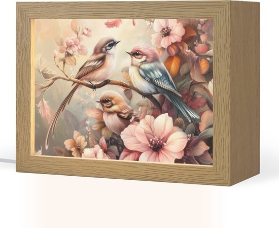 Nachtlampje 20x15 cm - Kinder lampje - Vogels - Bloemen - Roze - Pastel - Tafellamp kinderkamer - Slaapkamer lamp - Bedlamp kinderen - Kinderlampje stopcontact - Wandlamp babykamer - Nachtlampjes van Merkloos