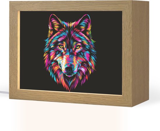 Nachtlampje 20x15 cm - Kinder lampje - Wolf - Kleurrijk - Zwart - Dieren - Neon - Tafellamp kinderkamer - Slaapkamer lamp - Bedlamp kinderen - Kinderlampje stopcontact - Wandlamp babykamer - Nachtlampjes van Merkloos