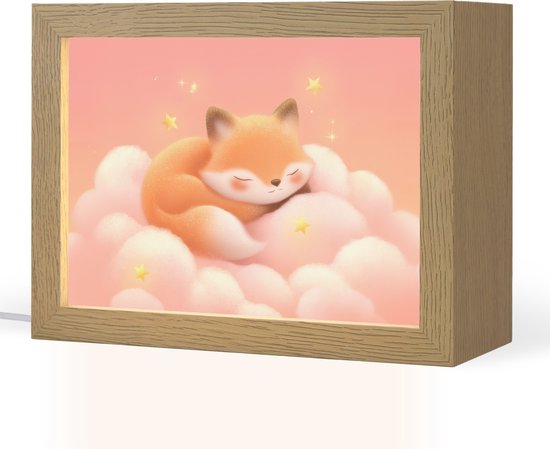 Nachtlampje 20x15 cm - Kinder lampje - Wolken - Vos - Oranje - Sterren - Tafellamp kinderkamer - Slaapkamer lamp - Bedlamp kinderen - Kinderlampje stopcontact - Wandlamp babykamer - Nachtlampjes