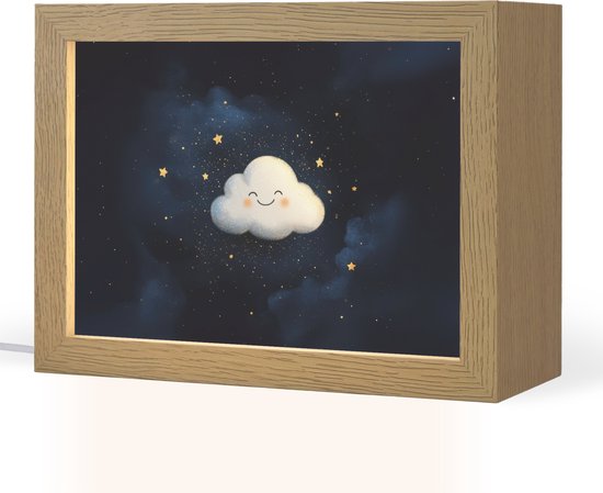 Nachtlampje 20x15 cm - Kinder lampje - Wolkje - Gezichtje - Sterren - Donkerblauw - Tafellamp kinderkamer - Slaapkamer lamp - Bedlamp kinderen - Kinderlampje stopcontact - Wandlamp babykamer - Nachtlampjes van Merkloos