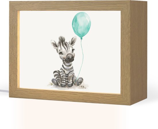 Nachtlampje 20x15 cm - Kinder lampje - Zebra - Baby dier - Blauwe ballon - Tafellamp kinderkamer - Slaapkamer lamp - Bedlamp kinderen - Kinderlampje stopcontact - Wandlamp babykamer - Nachtlampjes van Merkloos
