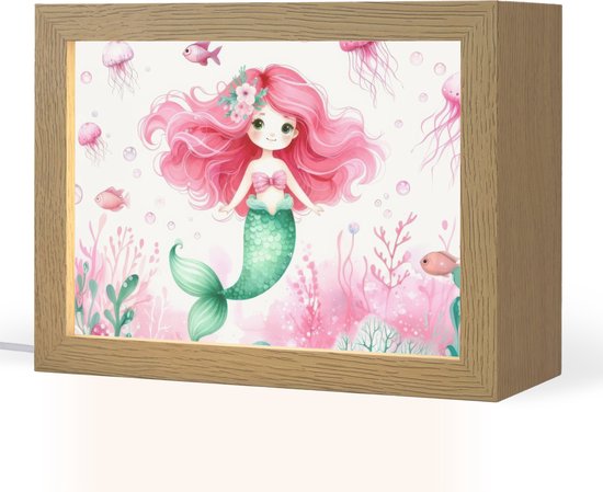 Nachtlampje 20x15 cm - Kinder lampje - Zeemeermin - Roze - Zeedieren - Onderwater - Tafellamp kinderkamer - Slaapkamer lamp - Bedlamp kinderen - Kinderlampje stopcontact - Wandlamp babykamer - Nachtlampjes