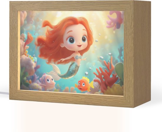 Nachtlampje 20x15 cm - Kinder lampje - Zeemeermin - Water - Vissen - Rood - Tafellamp kinderkamer - Slaapkamer lamp - Bedlamp kinderen - Kinderlampje stopcontact - Wandlamp babykamer - Nachtlampjes van Merkloos