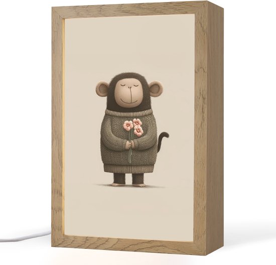 Nachtlampje 20x30 cm - Kinder lamp - Aap - Roze bloemen - Speels - Tafellamp kinderkamer - Slaapkamer lamp - Bedlamp kinderen - Kinderlampje stopcontact - Wandlamp babykamer - Nachtlampjes van Merkloos