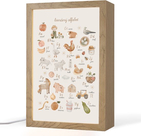 Nachtlampje 20x30 cm - Kinder lamp - Alfabet - Boerderij - Educatief - Letters leren voor kinderen - Dieren - Tafellamp kinderkamer - Slaapkamer lamp - Bedlamp kinderen - Kinderlampje stopcontact - Wandlamp babykamer - Nachtlampjes van Merkloos